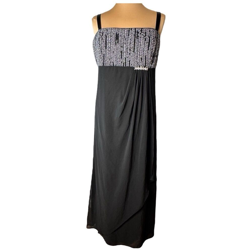 R & M Richards Sz 18 Black Silver Crystal Detail Long Maxi Dress Festive Evening